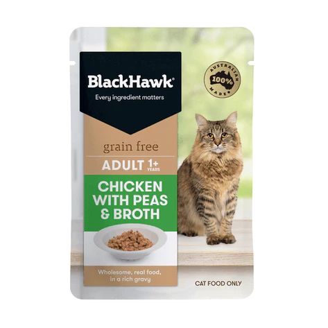 black hawk grain free adult cat chicken with peas broth and gravy